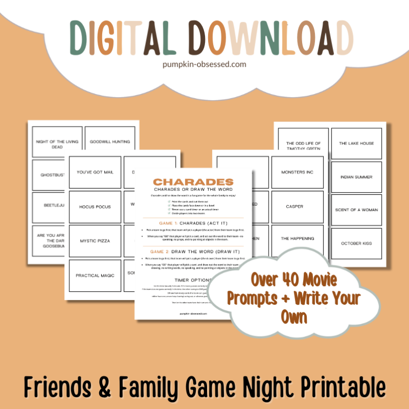 graphic showing "friends & family game night printable: charades. Over 40 Game Night Prompts"