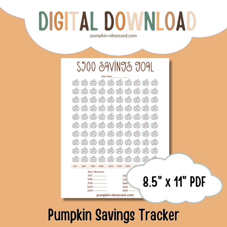 digital download graphic with picture of a $500 savings goal tracker made up of pumpkins with the text "$5"