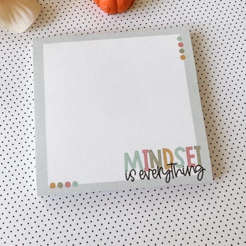 sticky notes with a blue border and the text "mindset is everything" in different colors.